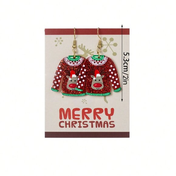 Ugly Sweater Rudolph Red Nose Reindeer Glitter Christmas Earrings Adorable A19S2 - Picture 5 of 5